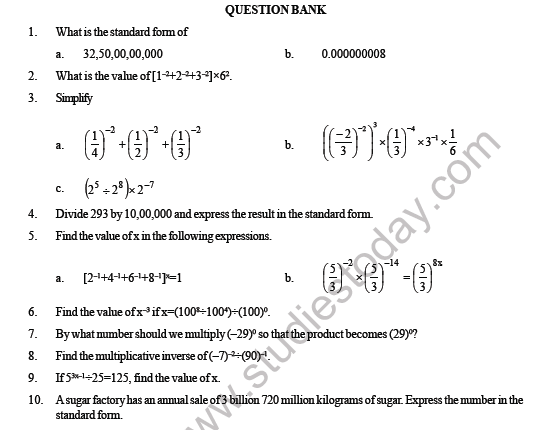 Cbse Class 8 Maths Exponents And Powers Question Bank 3960